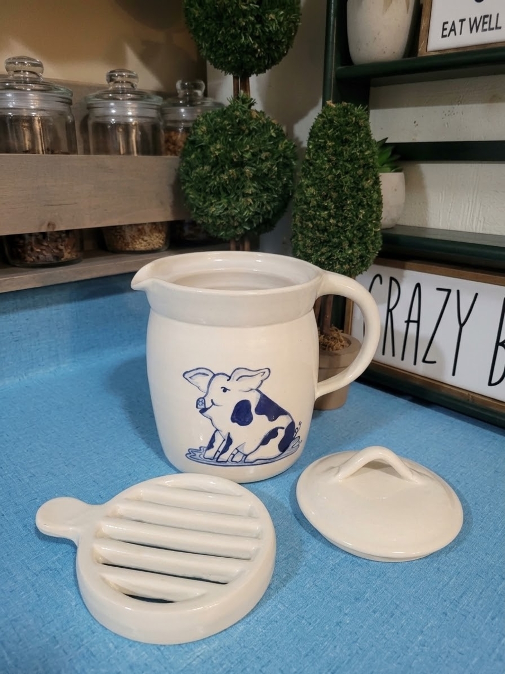 Ceramic White Pitcher with Blue Pig Illustration - Home Kitchen
